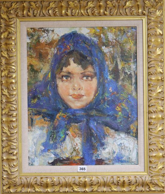 Modern Russian School, portrait of a young girl wearing a headscarf, 51 x 41cm